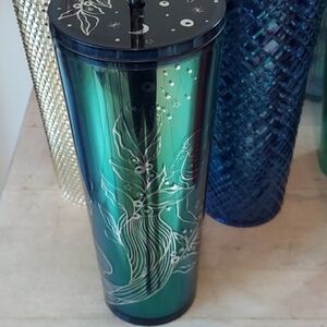 Starbucks 24oz Cold Cup, Collectible, Chrome Green Siren Floral, 2023 Ed. New!